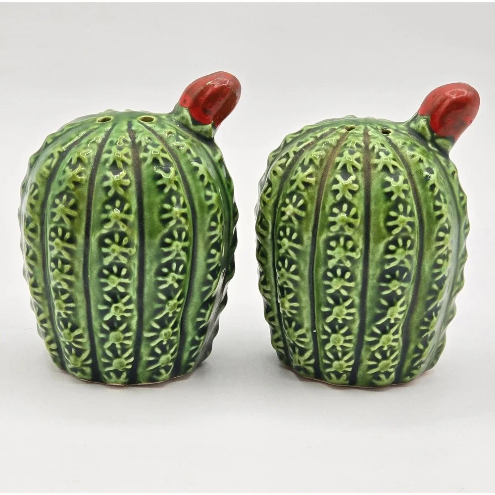 Cactus Salt and Pepper Shaker red flower ceramic vintage southwest‎ 3